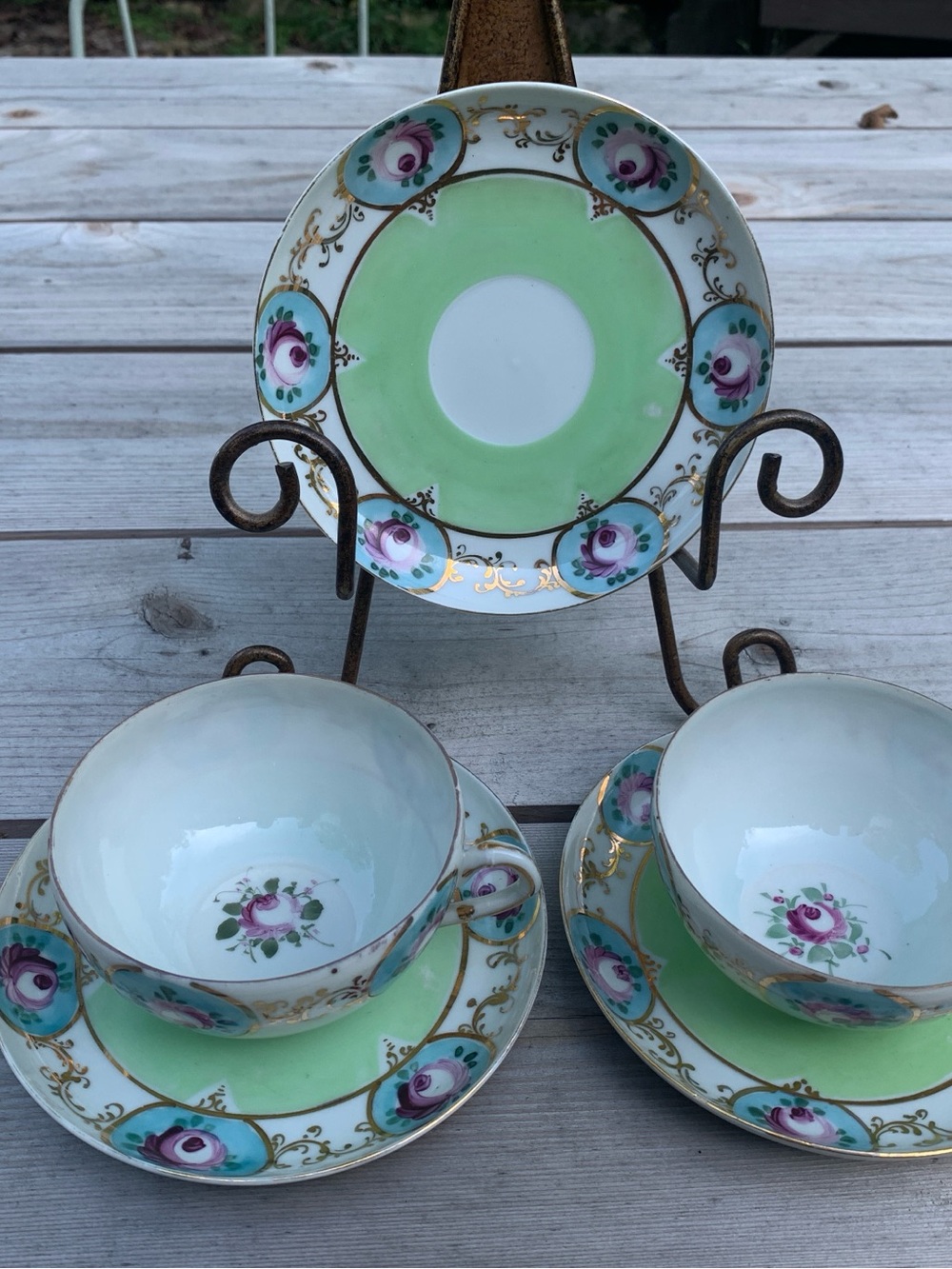 Vintage Hand-Painted Porcelain Teacup & Saucer Set; Gilded Cottagecore